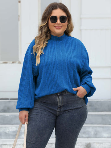Woochic pull grande taille femme col mi-haut manches lanternes flocage côtelé bleu marine 2 XL